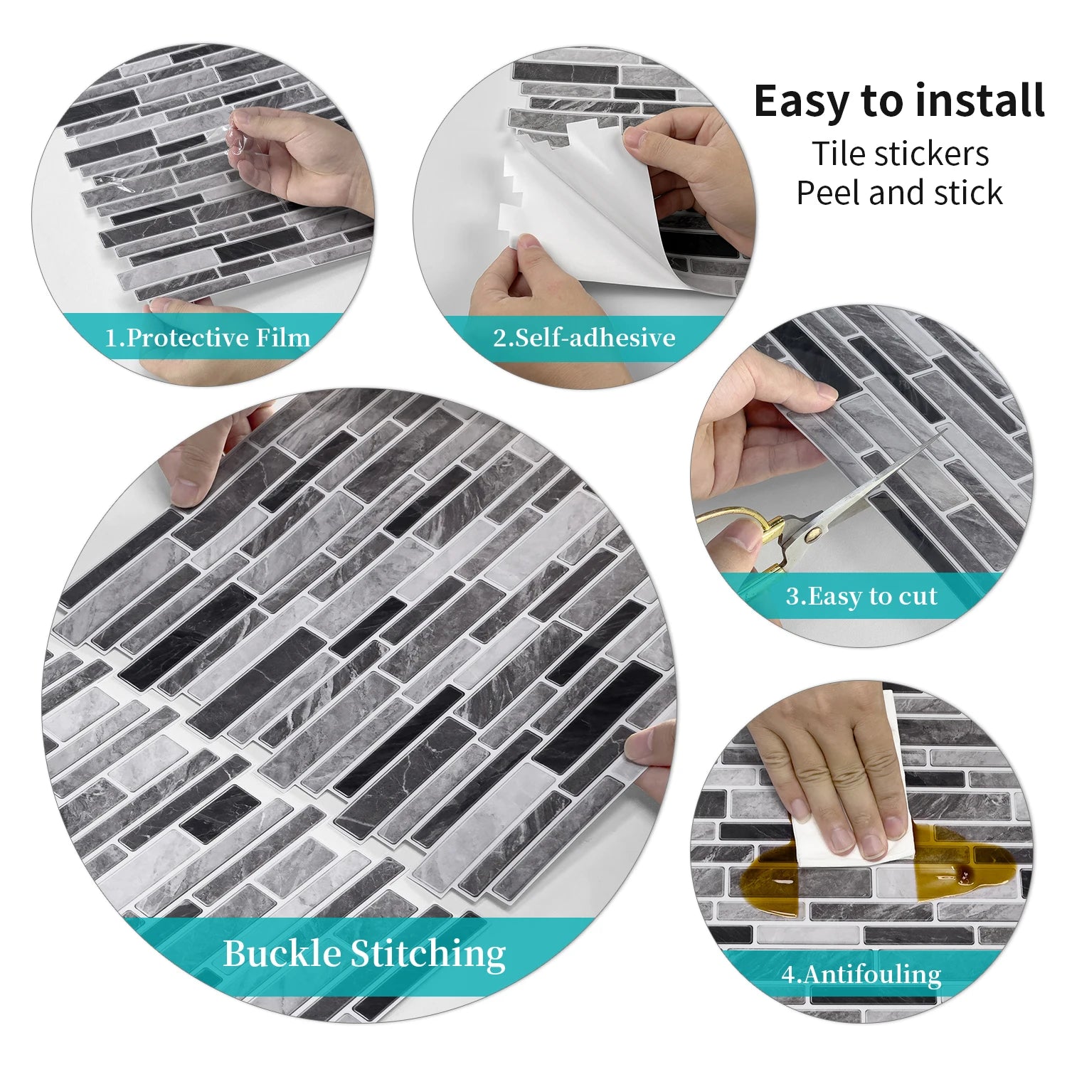1/12pcs Classic Black And White Tile Marble Room Decoration Kitchen Living Room Waterproof Self-Adhesive Wall Sticker Detachable