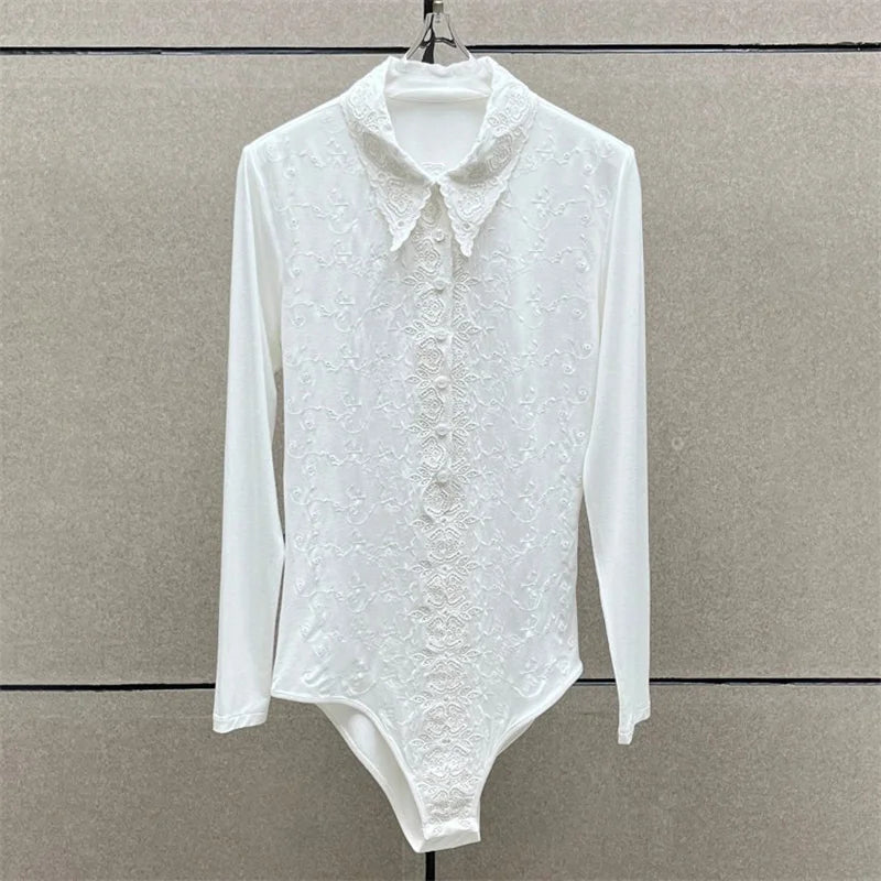 Women's bodysuit New elastic slim fit lapel long sleeved top for autumn 2025 floral embroidery women's corset y2k women's bodys