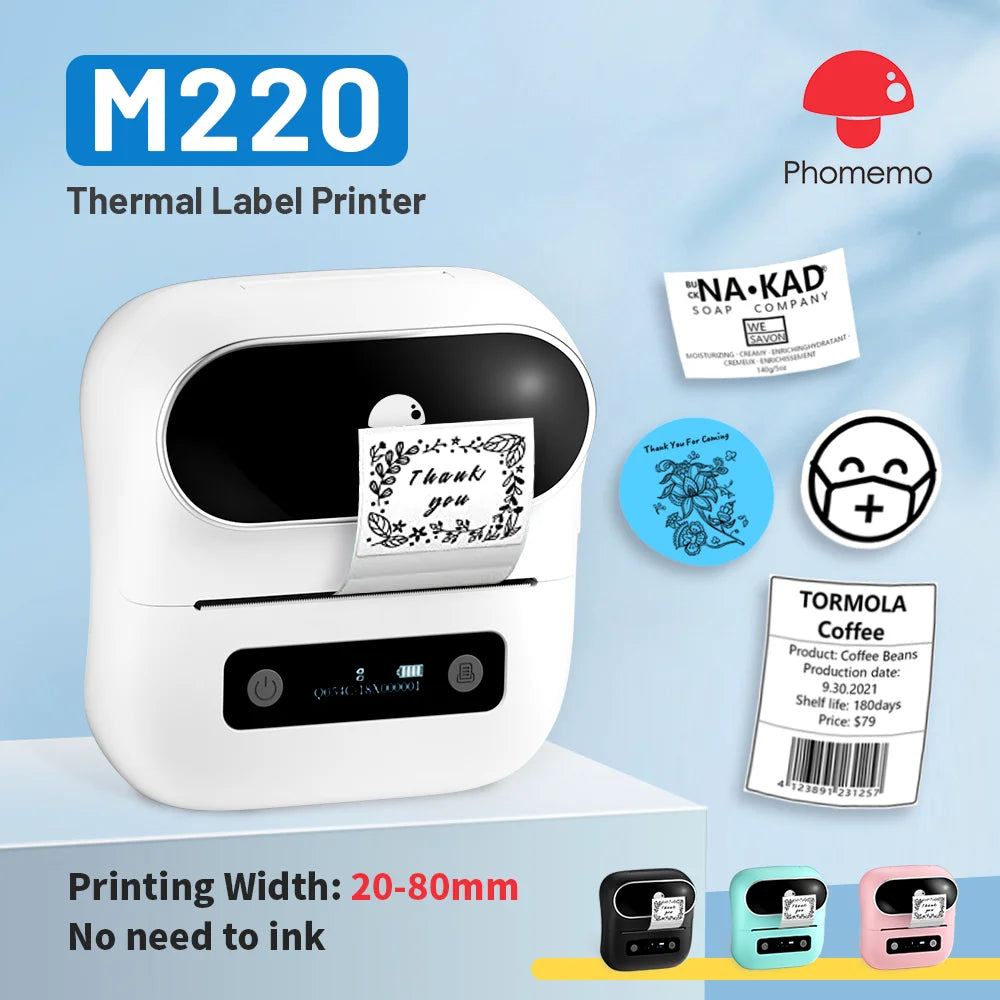 Máy in nhãn nhiệt M220 màu trắng, có nhãn "Thank you", hiển thị các tem nhãn đa dạng.