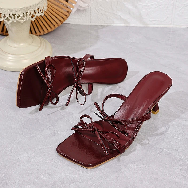 Wine Red High Heel Sandals with Square Bow for Women Summer Party