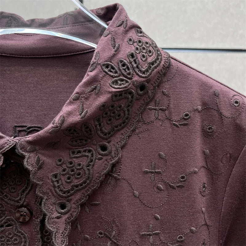 Women's bodysuit New elastic slim fit lapel long sleeved top for autumn 2025 floral embroidery women's corset y2k women's bodys