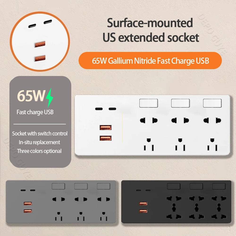 Ổ Cắm Đa Năng 65W Sạc Nhanh USB Chuẩn Mỹ-Mexico
