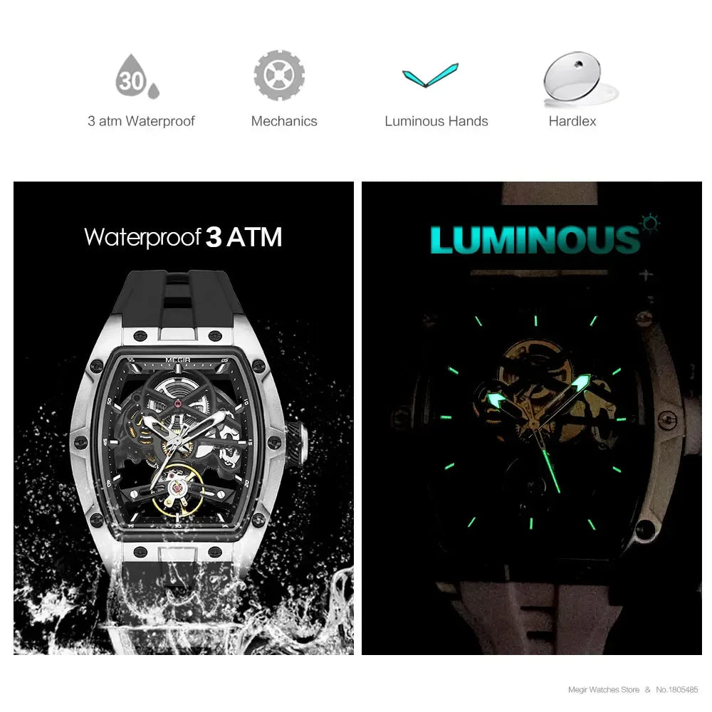 Đồng hồ MEGIR Nam, Máy Cơ, Chống Nước, Mặt Kính Lộ Cơ
