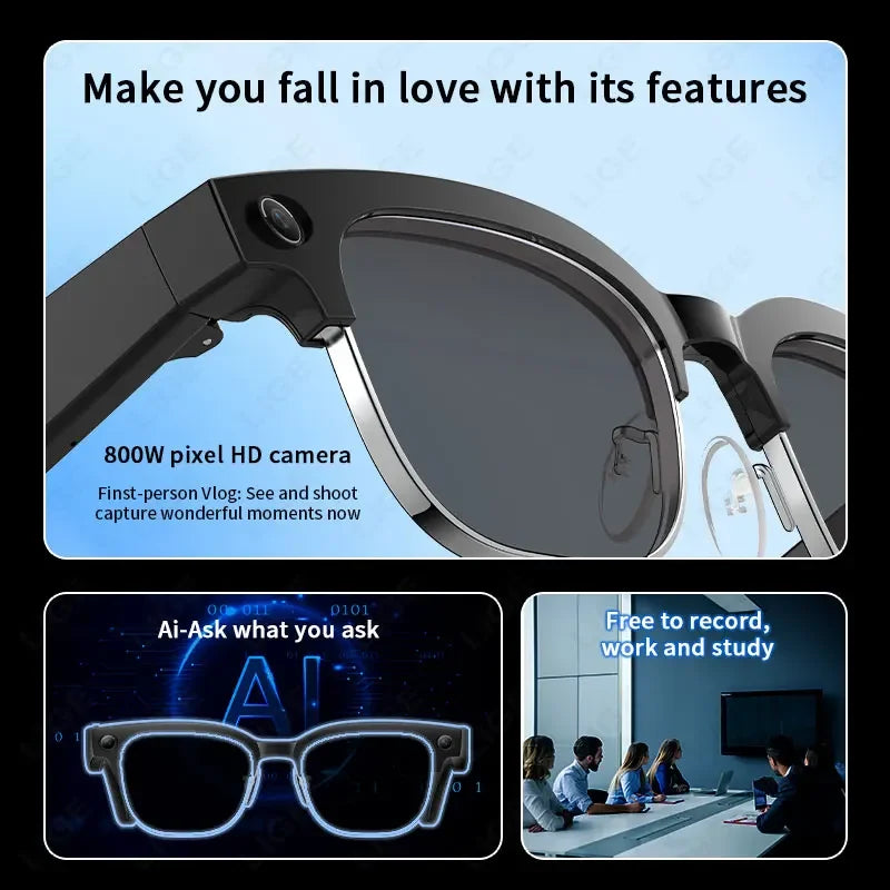 LIGE 4K AI Smart Glasses, 800W Camera, Bluetooth, Touch