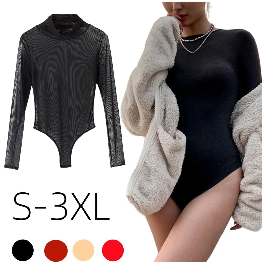 Sexy Black Mesh Bodysuit XXL Long Sleeve Open Crotch Sexy