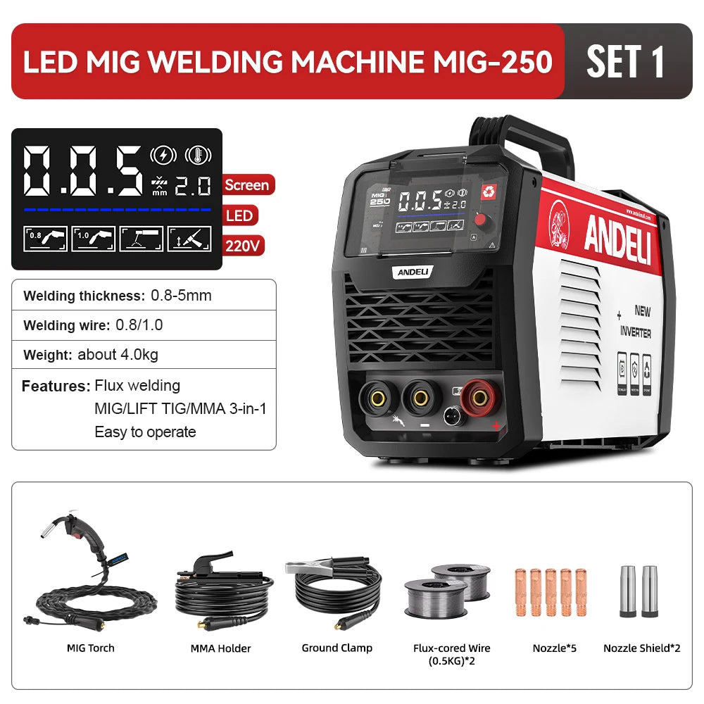ANDELI MIG-250 MIG Welders MIG MMA Lift TIG 3 in 1 Inverter Semi-automatic Welding Machine With Flux Cored Wire Metal Welding - Daisan Mart