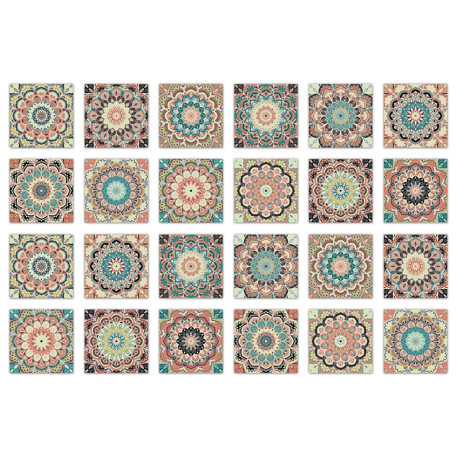 24 pieces of Mandala Pattern Glossy Self-adhesive Tile Stickers for Kitchen and Bathroom Removable Waterproof 3D Wall Decal