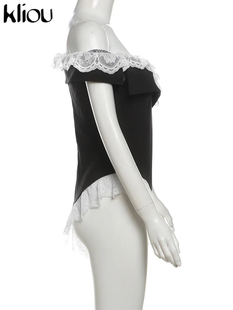 Kliou Women's Bodysuit Mesh Lace Off-the-Shoulder Fashion