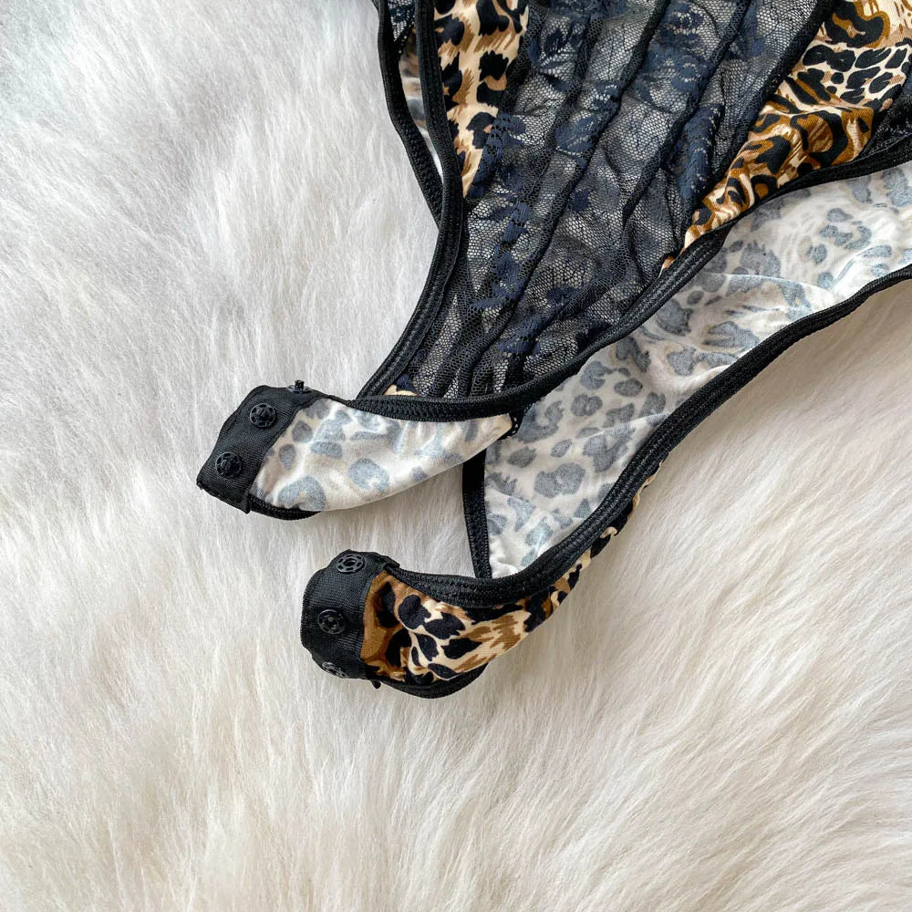 Women Hotsweet V-neck leopard slim Vintage Straps Bodysuits Chic lace Jumpsuits Slim Top Clothing