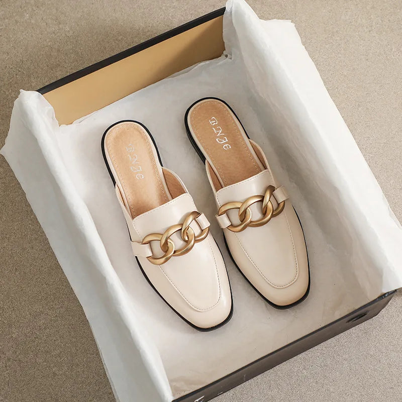 Women's Fashion Mules - Square Toe Black and White Chain