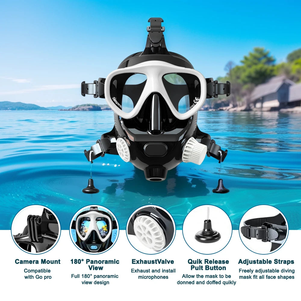 The Full Face Diving Mask with Camera Mount, Full Face Snorkel Mask for Adults Compatible with Above 1L Scuba Diving Tank，Unisex