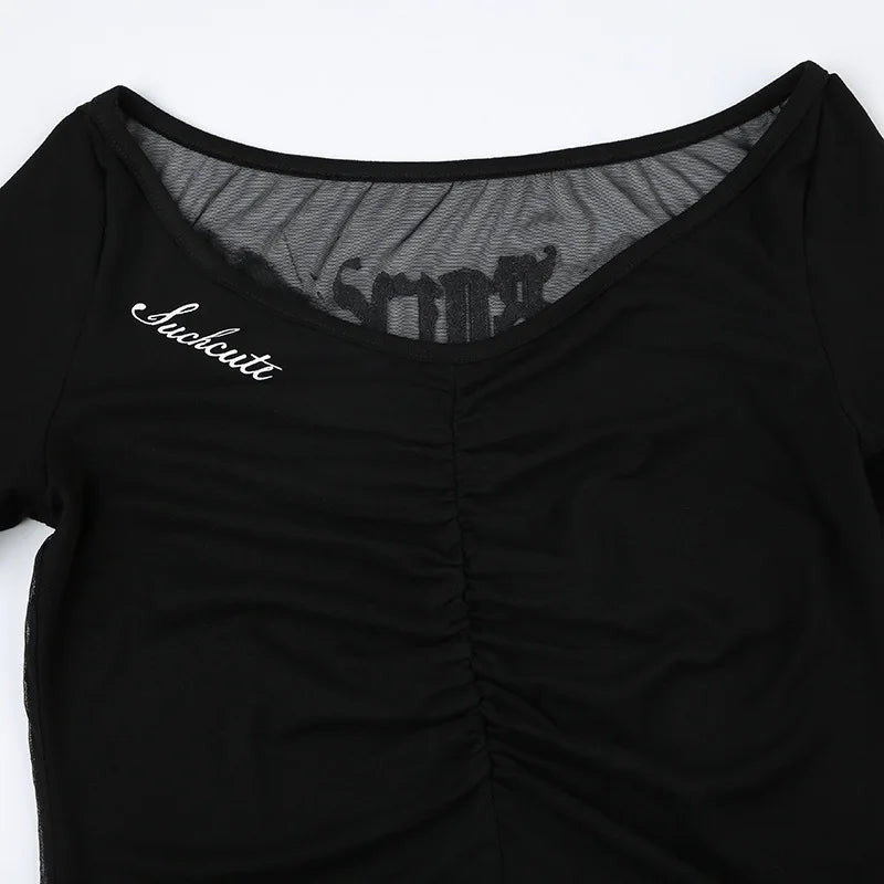 Goth Dark Mall Gothic Mesh See Through Butterfly Print Skinny Bodysuits Sexy Backless V-neck Overalls Y2K Grunge Street Bodysuit