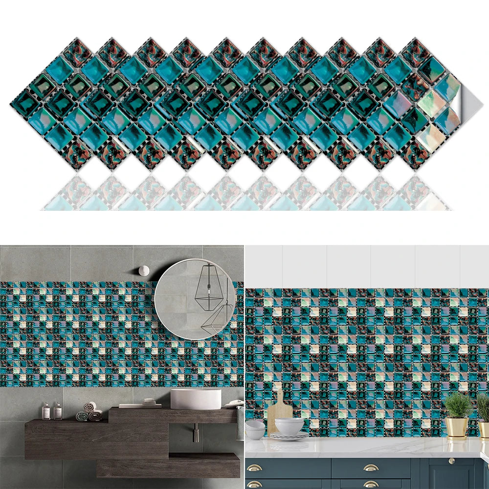 10pcs Flat Mosaic Style Tiles Sticker Kitchen Bathroom Waterproof &amp; Oilproof Art Wall Sticker Peel &amp; Stick Surface Glossy Film