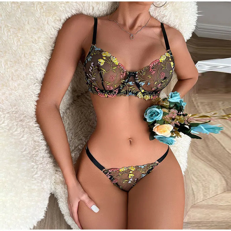 Women's Boho 2-Piece Floral Embroidery Lace Lingerie Set Fashion
