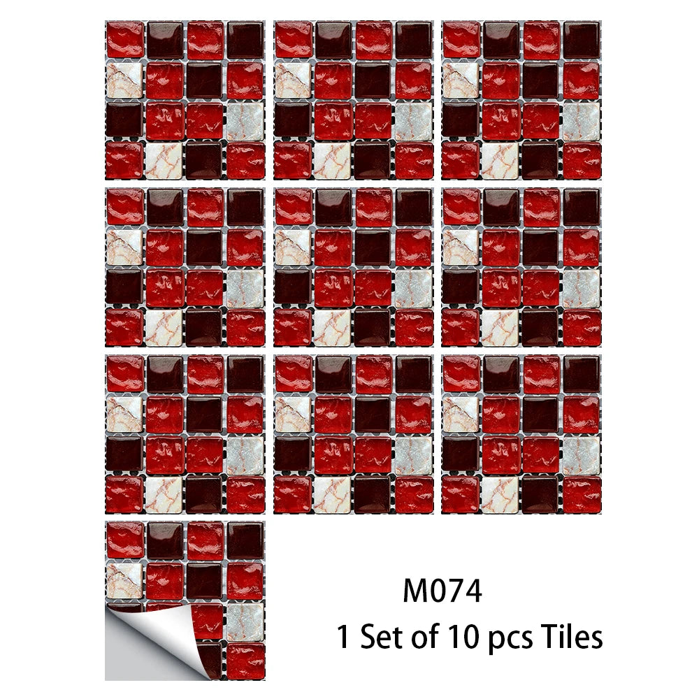 10pcs Flat Mosaic Style Tiles Sticker Kitchen Bathroom Waterproof &amp; Oilproof Art Wall Sticker Peel &amp; Stick Surface Glossy Film