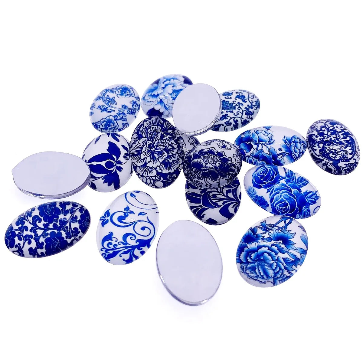 Oval Blue White Porcelain Flat Bottom DIY Jewelry 13-40mm