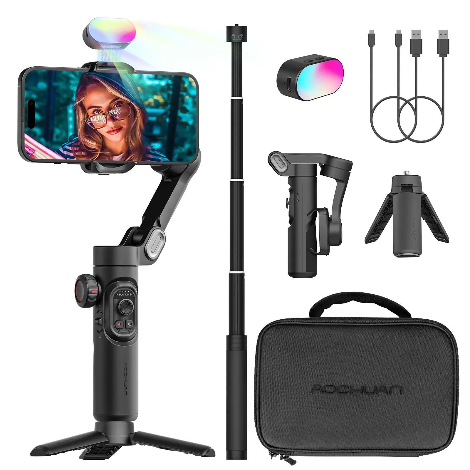 Gimbal màu đen với điện thoại, đèn RGB, túi đựng, tripod nhỏ, dây cáp USB và phụ kiện đi kèm.