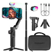 Gimbal màu đen với điện thoại, đèn RGB, túi đựng, tripod nhỏ, dây cáp USB và phụ kiện đi kèm.