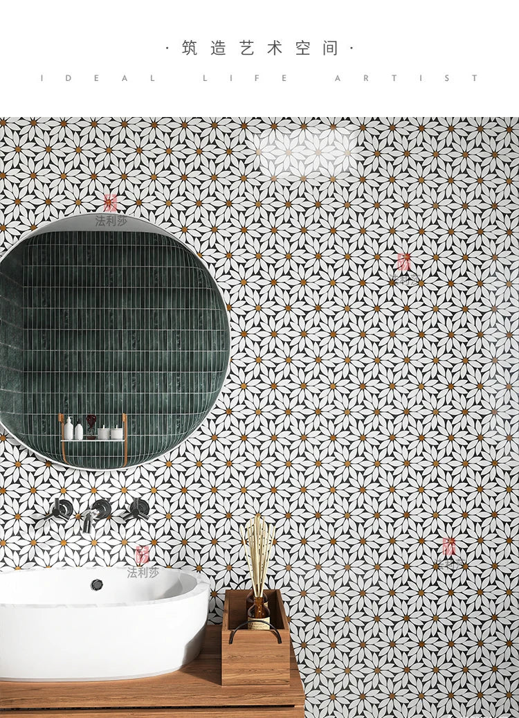 Building materials marble white-green stone mosaic sunflower toilet balcony residential hotel floor decoration background wall - Daisan Mart