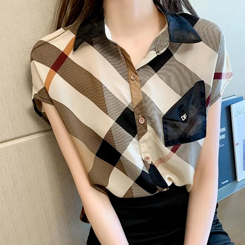 Office Wear Short Sleeve Chiffon Casual Pretty and Cheap Women's Blouses Korean Plaid Youth Woman Buttoned Shirts Trends Top Hot - Daisan Mart