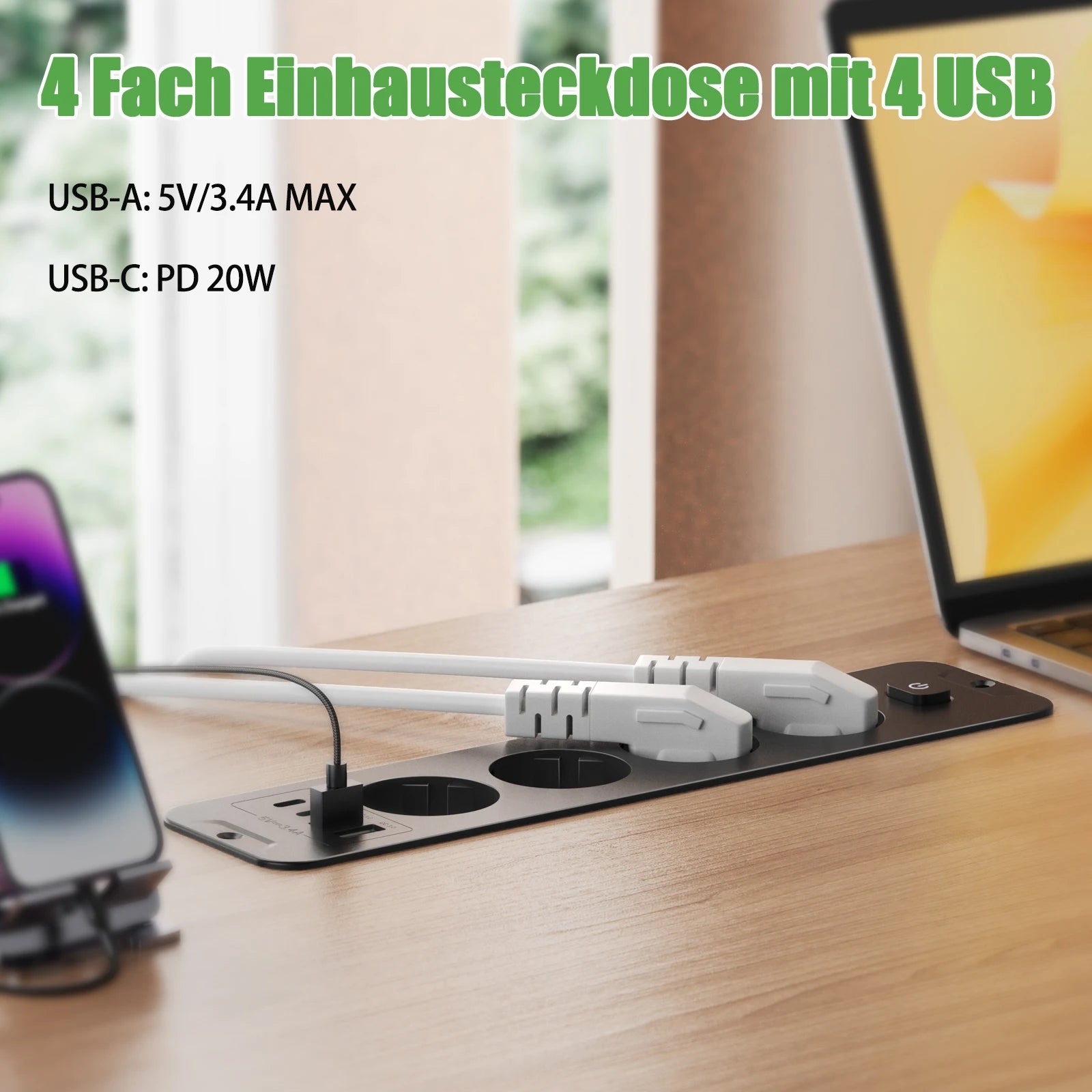 Ổ Cắm 4/5 Lỗ Đa Năng Có USB, Dây Dài 2m EU Plug