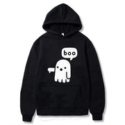 Áo hoodie đen có hình ma trắng, chữ "boo" màu trắng phía trước.