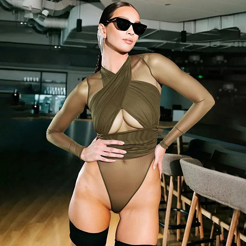 Nsauye Sexy Tights Long Sleeve High Waist Hollow Out Night Club Fashion Women Bodysuit Tops Y2K One Pieces Skinny Rompers 2025