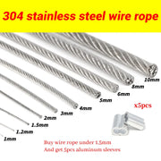 Dây cáp thép không gỉ 304 kích thước từ 1mm đến 10mm, kèm 5 ống nhôm nhỏ phía trước.