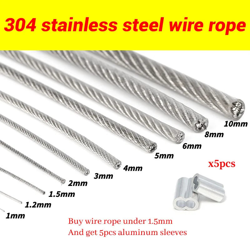 Dây cáp thép không gỉ 304 kích thước từ 1mm đến 10mm, kèm 5 ống nhôm nhỏ phía trước.