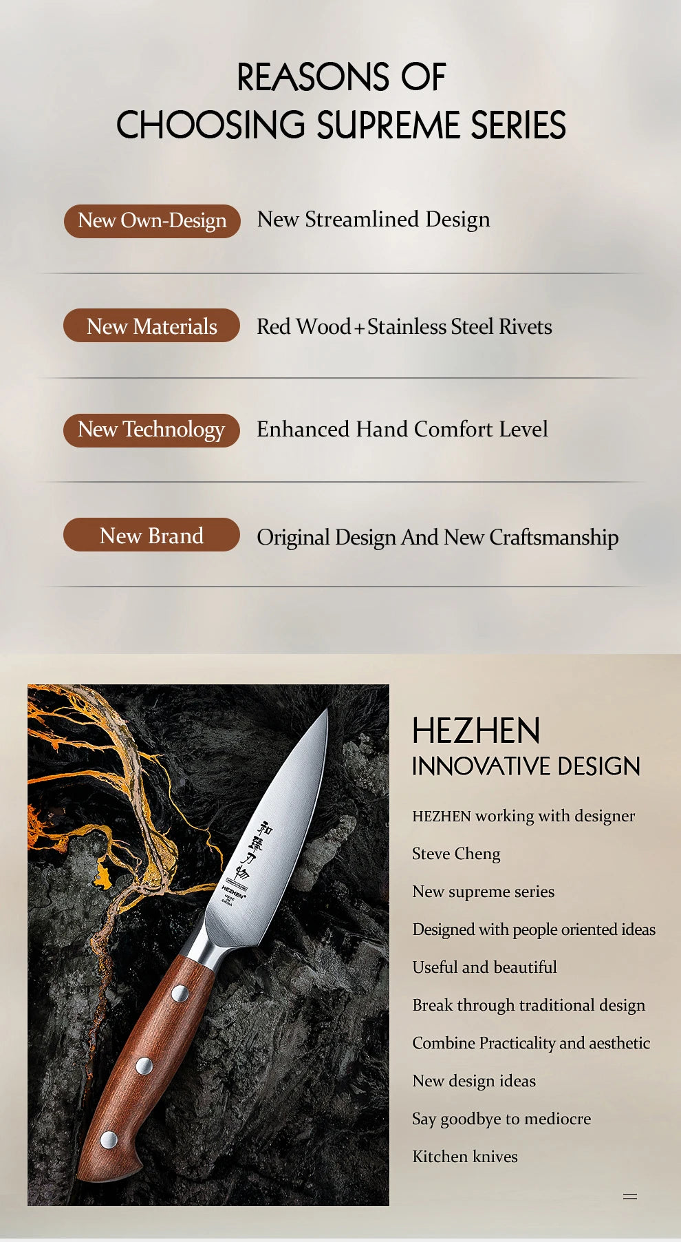 HEZHEN Kitchen Knife Set 1.4116 Steel High Quality Red Wood Handle