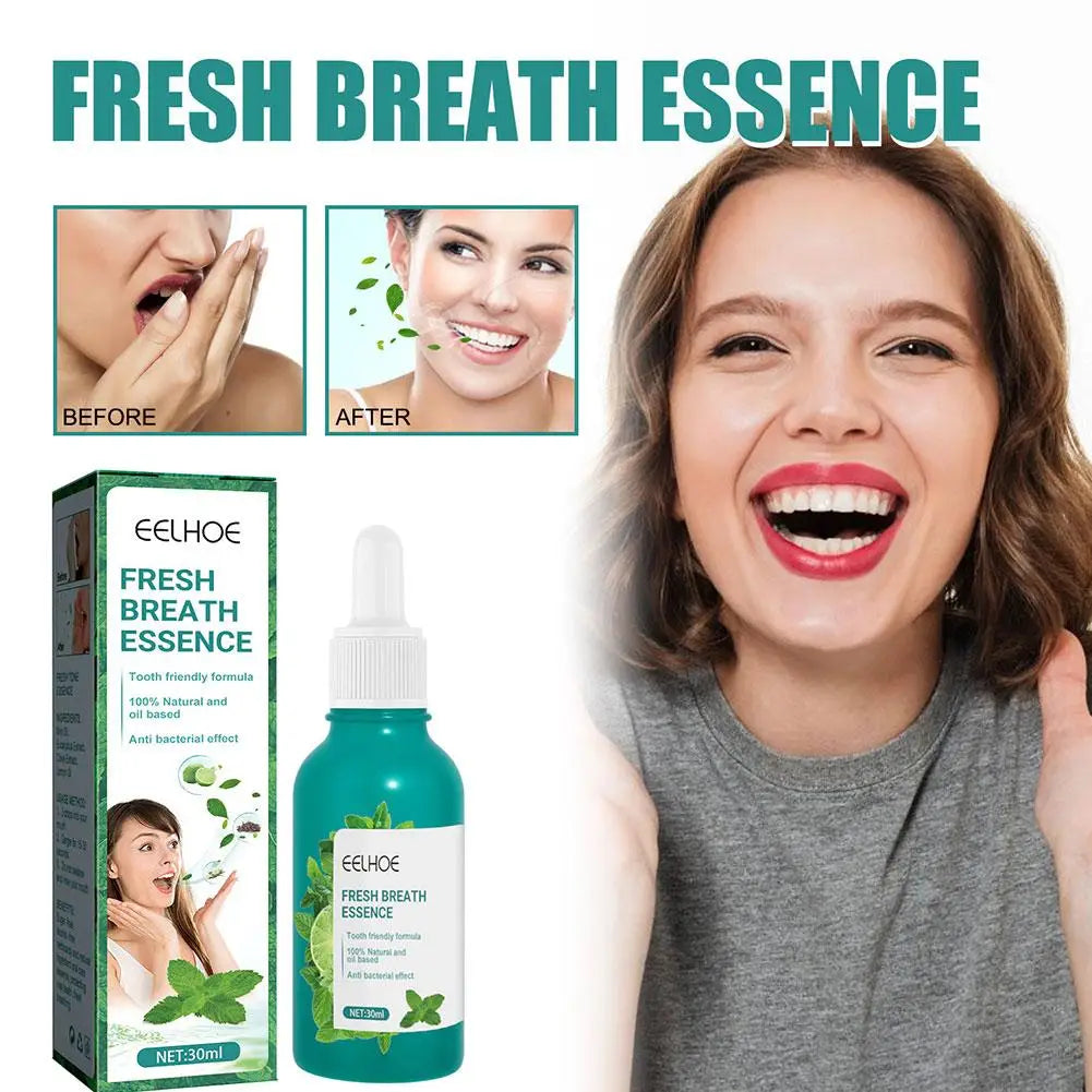 Người phụ nữ cười tươi, chai tinh dầu màu xanh, hộp sản phẩm, hình ảnh "trước" và "sau".