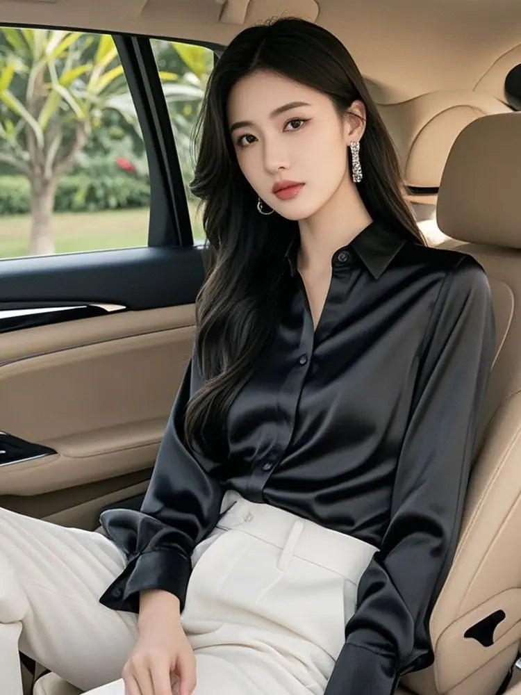 Áo Sơ Mi Lụa Công Sở Nữ Hàn Quốc Dáng Ôm Dài Tay - Daisan Mart