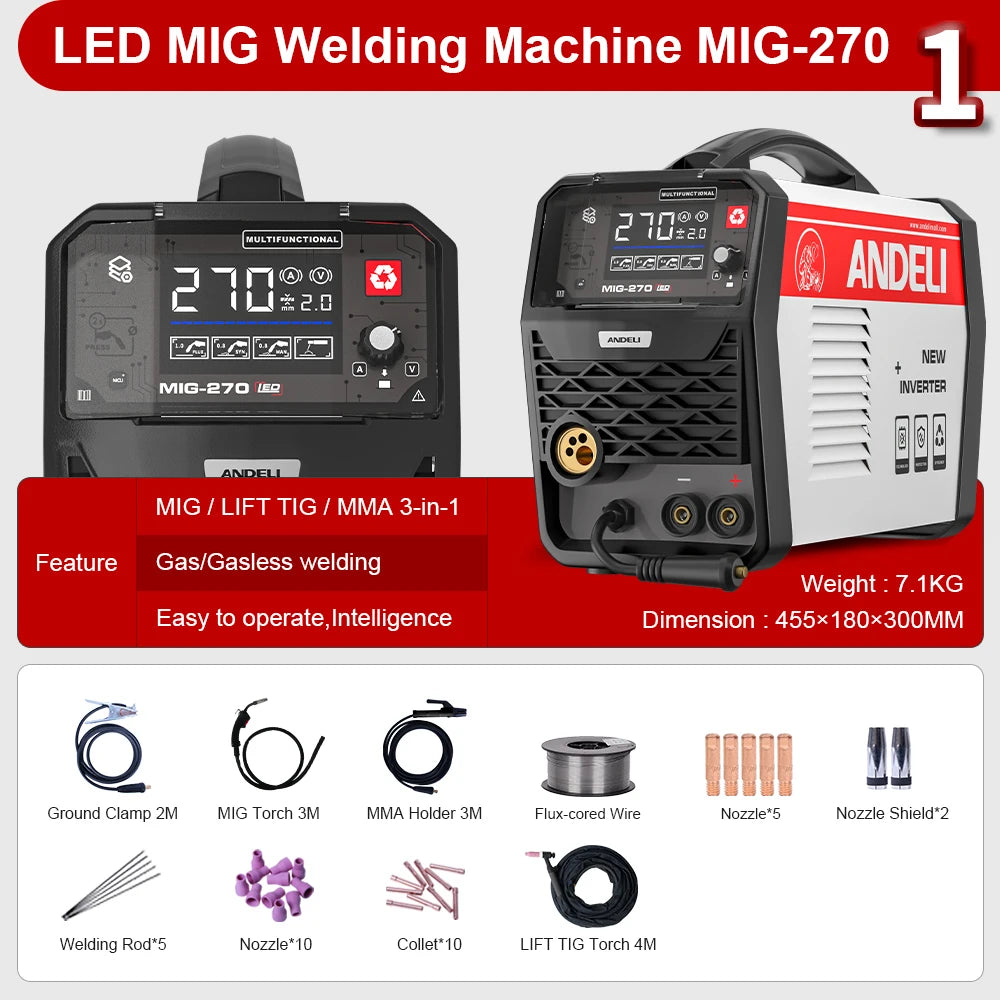 ANDELI Semi-automatic MIG welding machine MIG Lift TIG ARC Gas/Gasless Welding Inverter Synergy Multiprocess MIG Welders - Daisan Mart