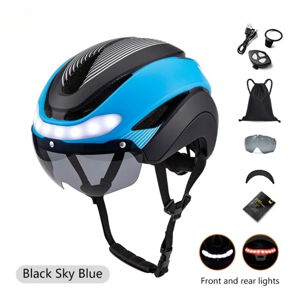 Bicycle Helmet with LED Lights, Magnetic Glasses, Turn Signals