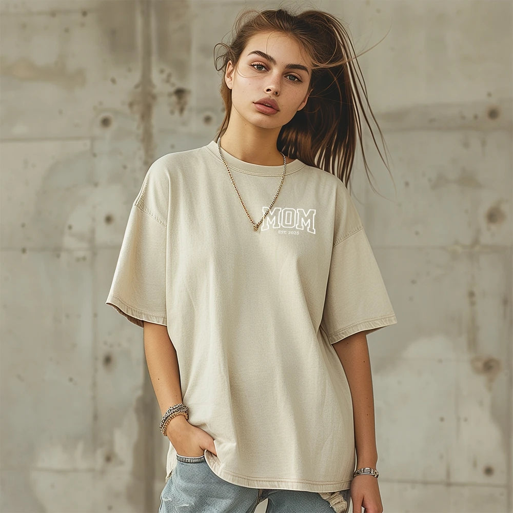 Unisex T-shirt Embroidered with MOM EST 2025 Denim Style