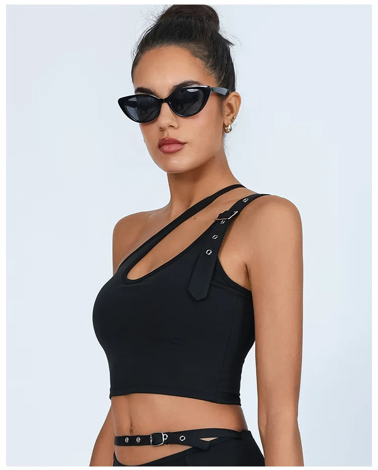 Yoga Tank Top with Built-in Bra Asymmetric Single Shoulder Quick-Dry Breathable High Elasticity Workout Gym Fitness Clothes - Daisan Mart