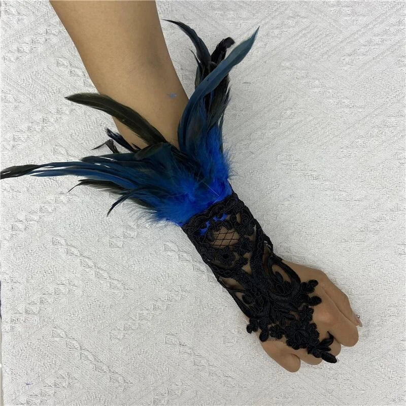 Mesh Gloves Women Halloween Lolita Cosplay Y2k Feather Cuffs Fingerless Mittens Lace Black Long Rave Accessories Feather Apparel - Daisan Mart
