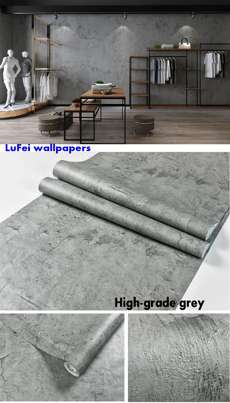 PVC Retro Cement Gray Waterproof Self-adhesive Wallpaper Hotel Cafe Library Living Room Bedroom Wall Renovation Vinyl Stickers