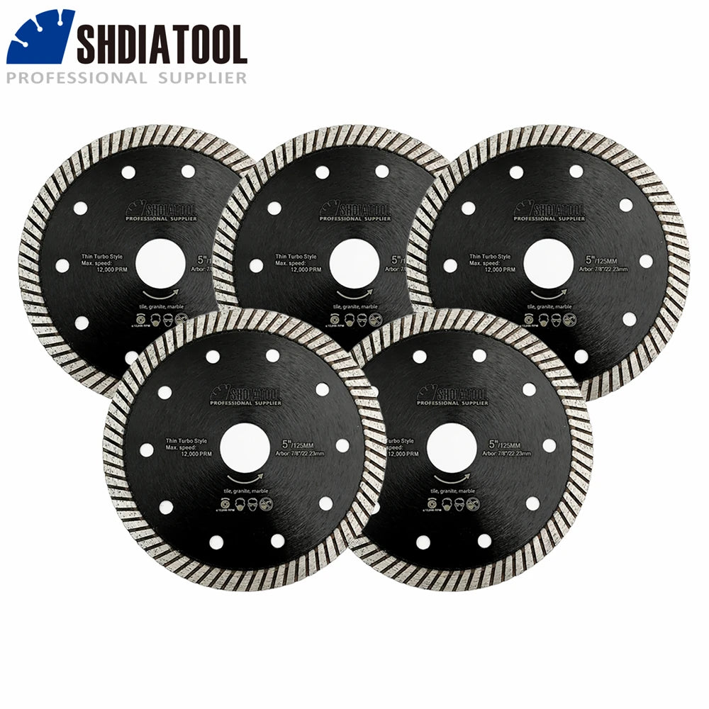 SHDIATOOL 5Pcs Dia125mm Superthin Diamond Turbo Saw Blade Ceramic Tile Marble Granite Cutting Disc 5inch Circular Disc Cutter