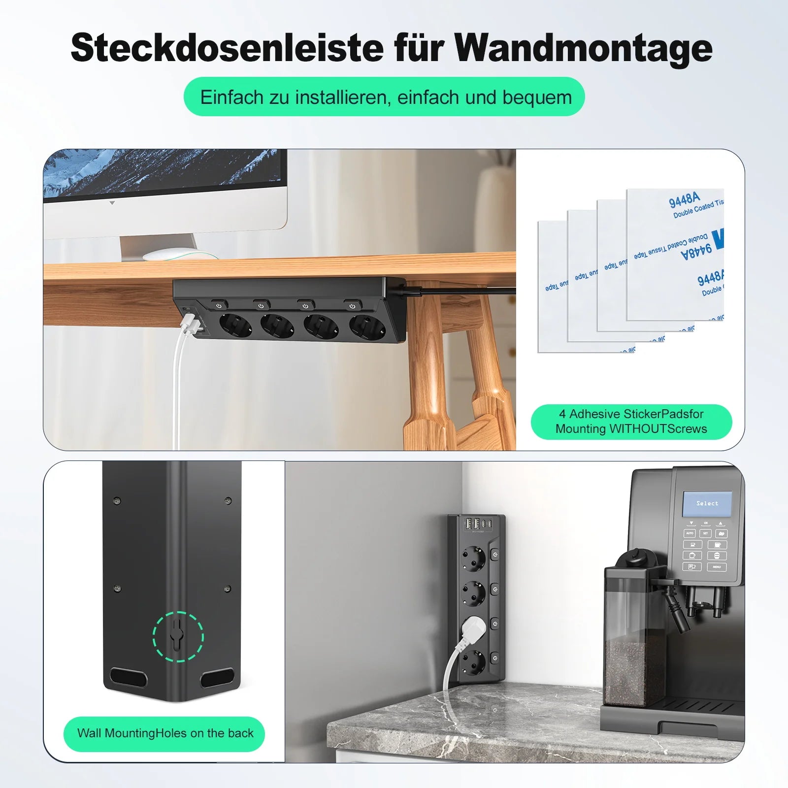 Ổ Cắm Đa Năng EU 4 Lỗ, 2 USB, 2 Type-C, Công Tắc Riêng