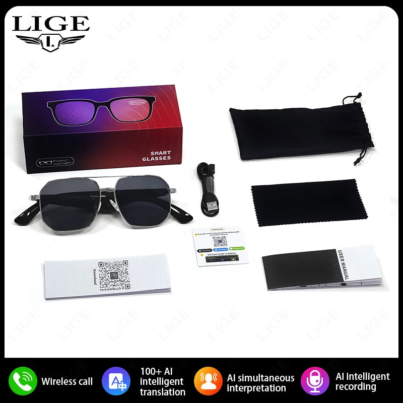 LIGE Ai Smart Bluetooth Glasses 100+Languages ​​Translation Real-time Q&amp;A BT5.4 Music UV Protection Smart Sunglasses for Men Women