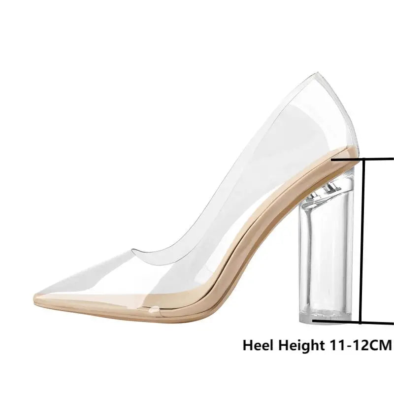 Onlymaker Women Pointed Toe PVC Clear High Heels Pumps Buckle Chunky Transparent Strip Big Size Summer Pumps