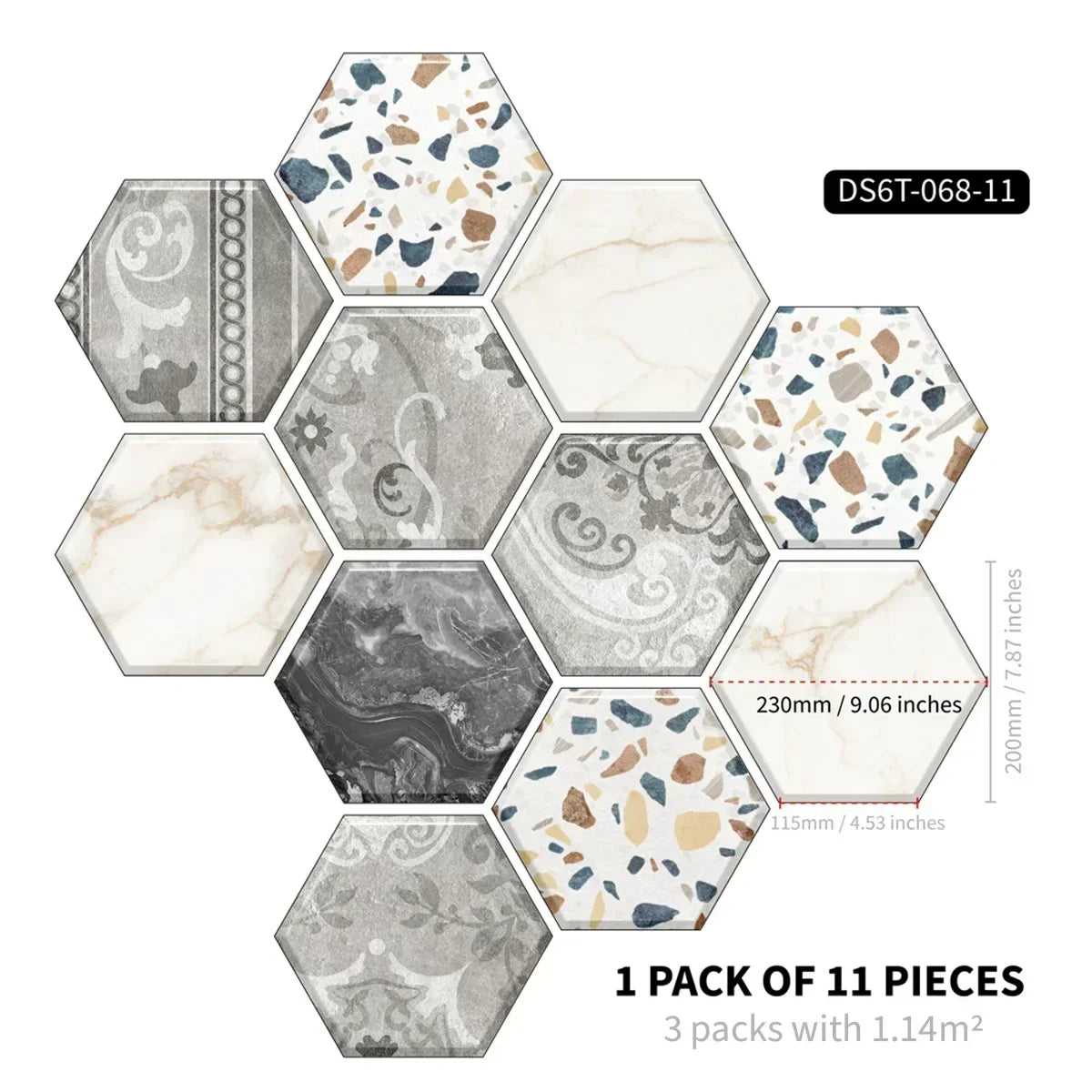 22PCS Self-adhesive Moroccan Style Hexagonal Diagonal Floor Stickers Non-slip Waterproof Decals for Kitchen Bathroom Decoration