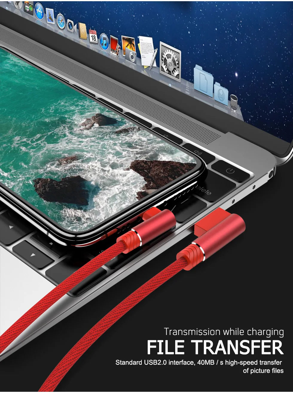 90 Degree Angle Fast Charging Cable 1/2/3m Length For iPhone/iPad