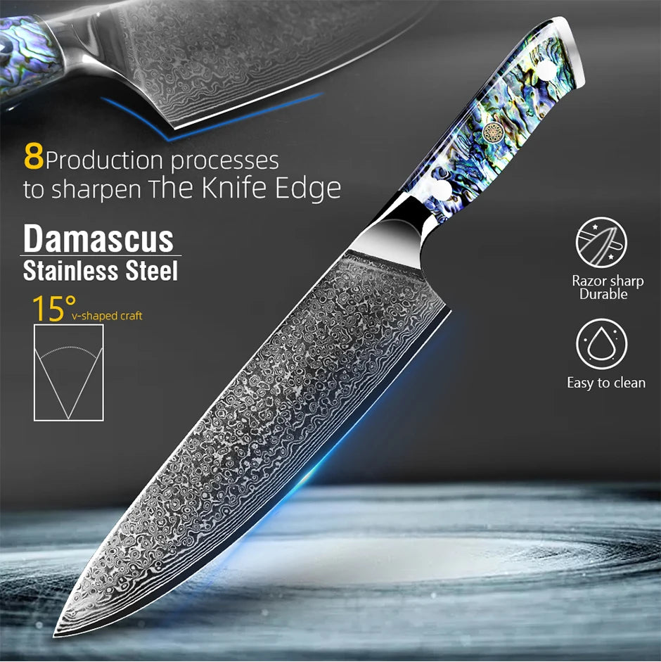 Dao Bếp Damascus VG10 67 Lớp Tay Cầm Vỏ Bào Ngư