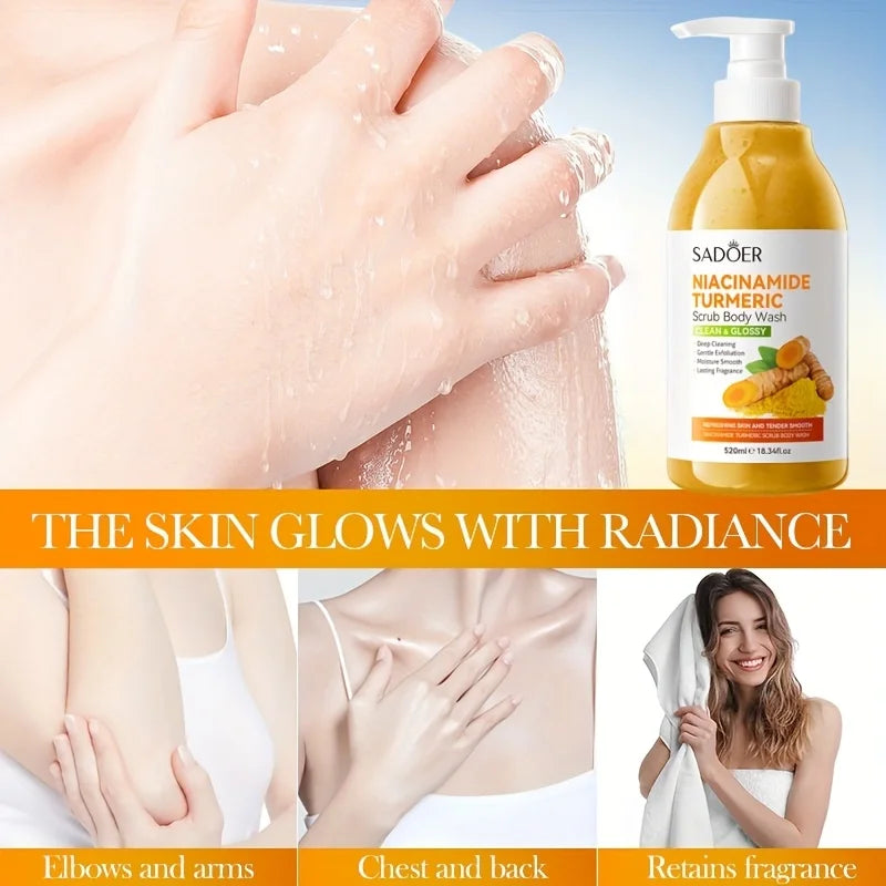 520Ml/Bottle Niacinamide Turmeric Scrub Shower Gel, Rich in Ingredients Such as Niacinamide and Turmeric Extract, with a Smooth and Delicate Scrub, Rich Foam, Gentle Bathing, Cleans Sweat and Other Dirt and Dead Skin Cells on