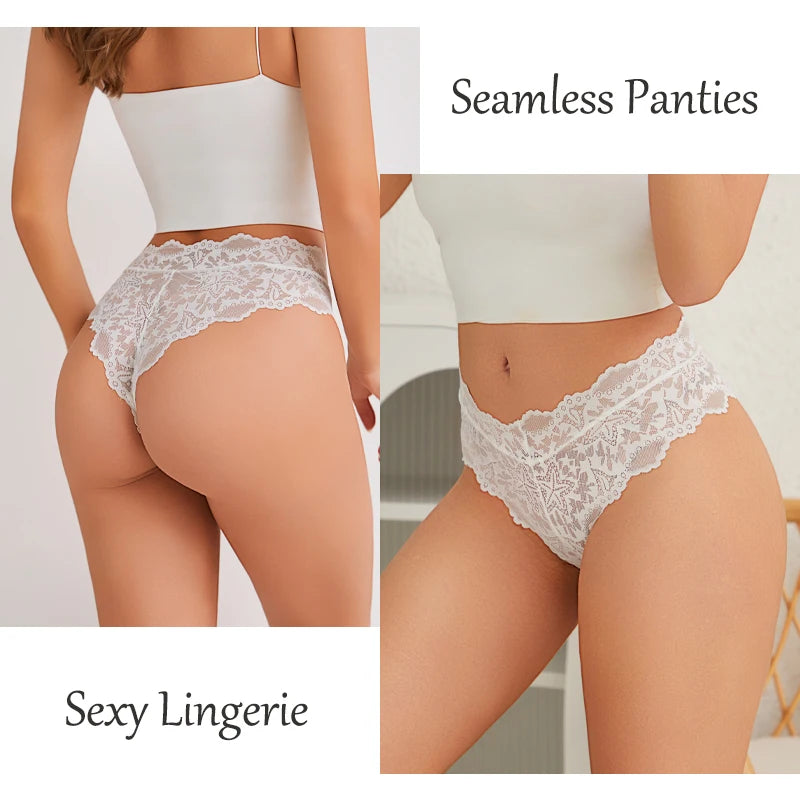 5PCS Women's Sexy Lace Star High Waist Thongs Solid Color Hollow Out Transparents Underwear Female Perspective G-strings S-XXL