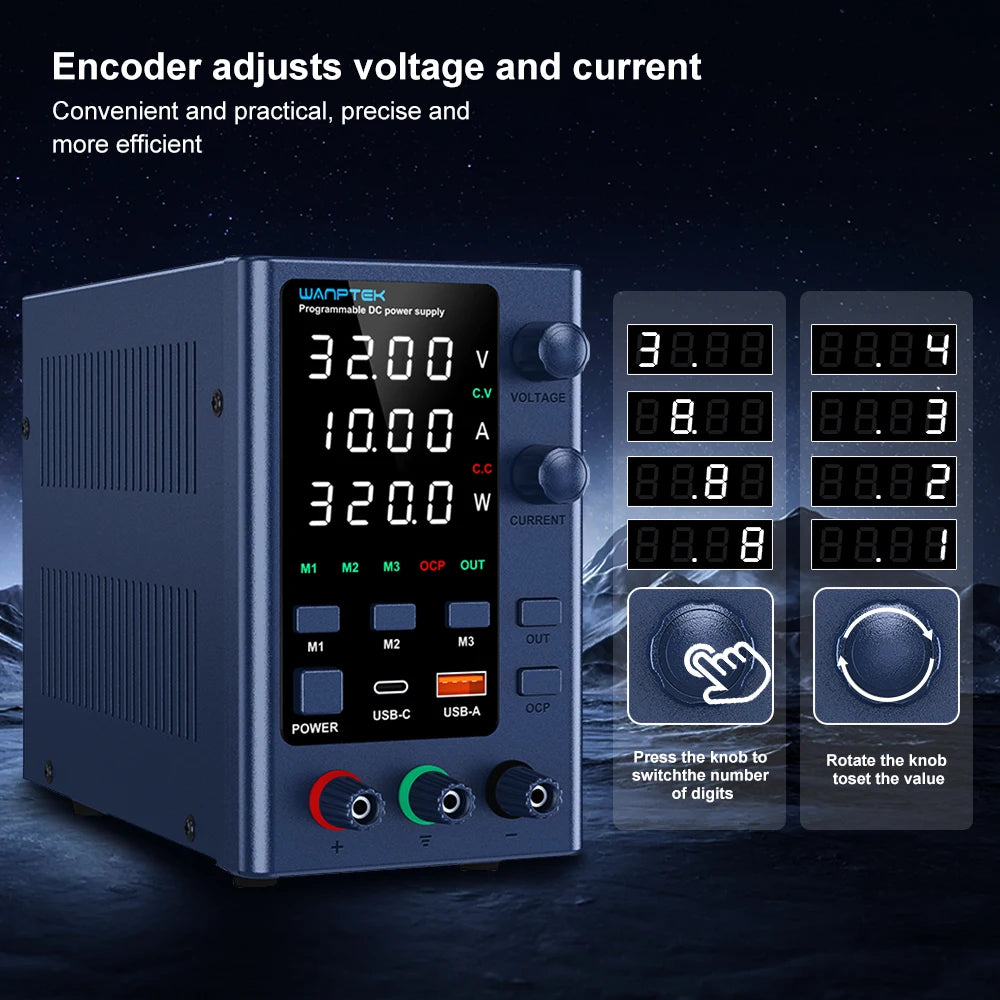 Wanptek Laboratory Power Supply Adjustable 30V 10A 60V 5A 120V 3A with USB Fast Charging Encoder Adjustment Lab DC Power Supply