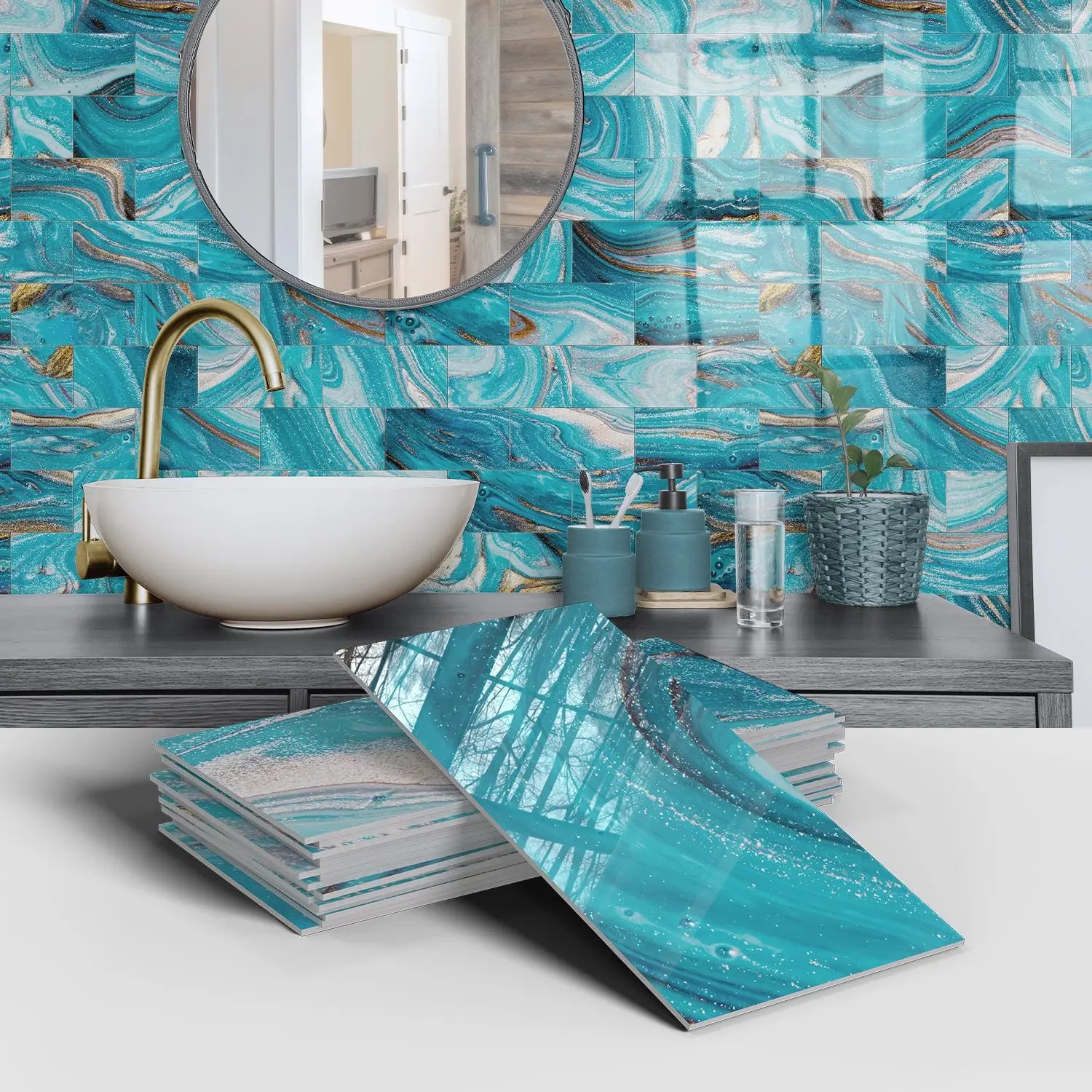 Set of 16 Waterproof Stone Pattern Foam Wall Stickers for Kitchen