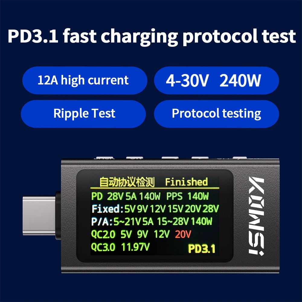 Type-C IPS Digital Display DC Voltage Current Power Meter KWS-X1 DC 4-30V 0-12A Voltmeter Ammeter Charger Capacity Tester